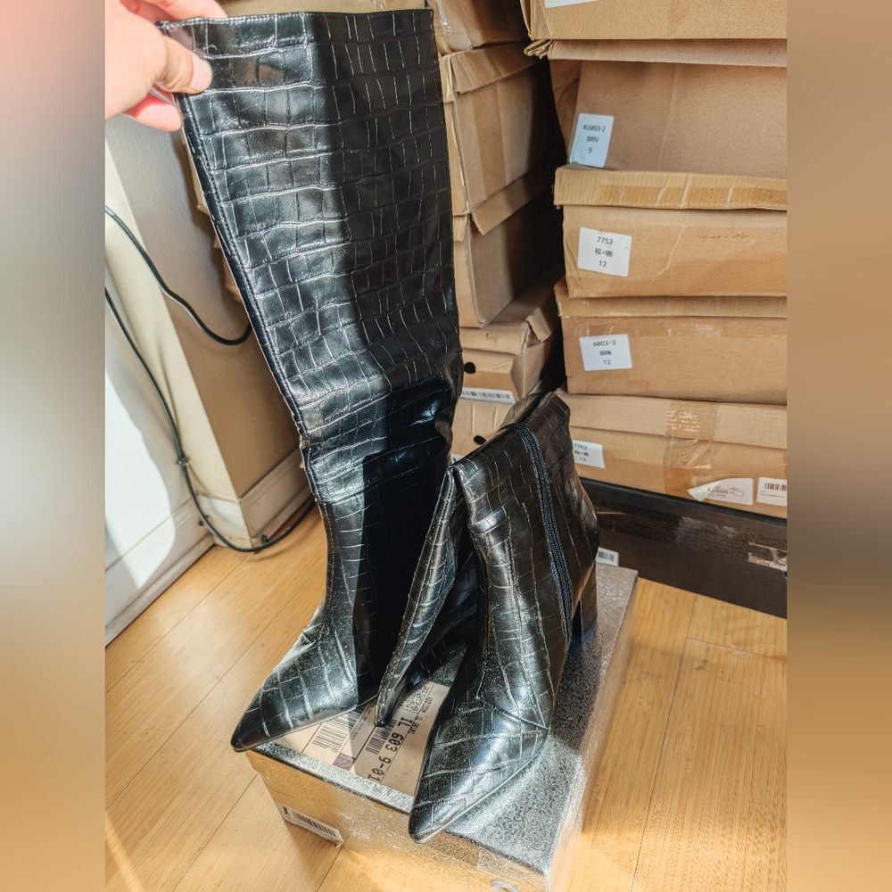Croc-Embossed Black Knee-High Boots